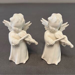 Set Of 2 VTG Sacrart White Bisque Porcelain Angle W/ Violin Statue 3”